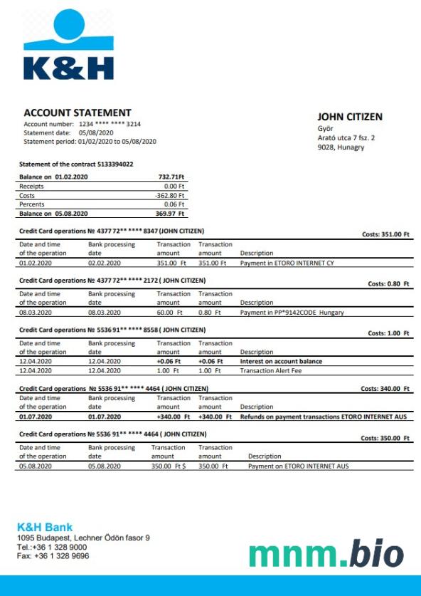 Wyciąg bankowy Hungary K & H łatwy do wypełnienia szablon w formacie Excel i PDF